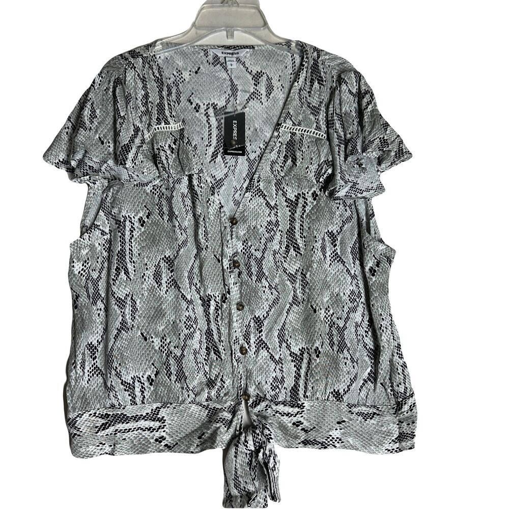 NWT Express Womens Blouse Snake Python Front Tie Ruffled Soft Rayon Top Size L - Picture 2 of 10